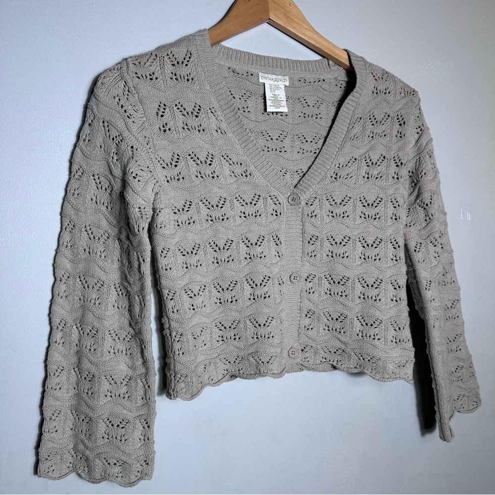 Cynthia Rowley Pointelle Knit V Neck Beige Cardigan